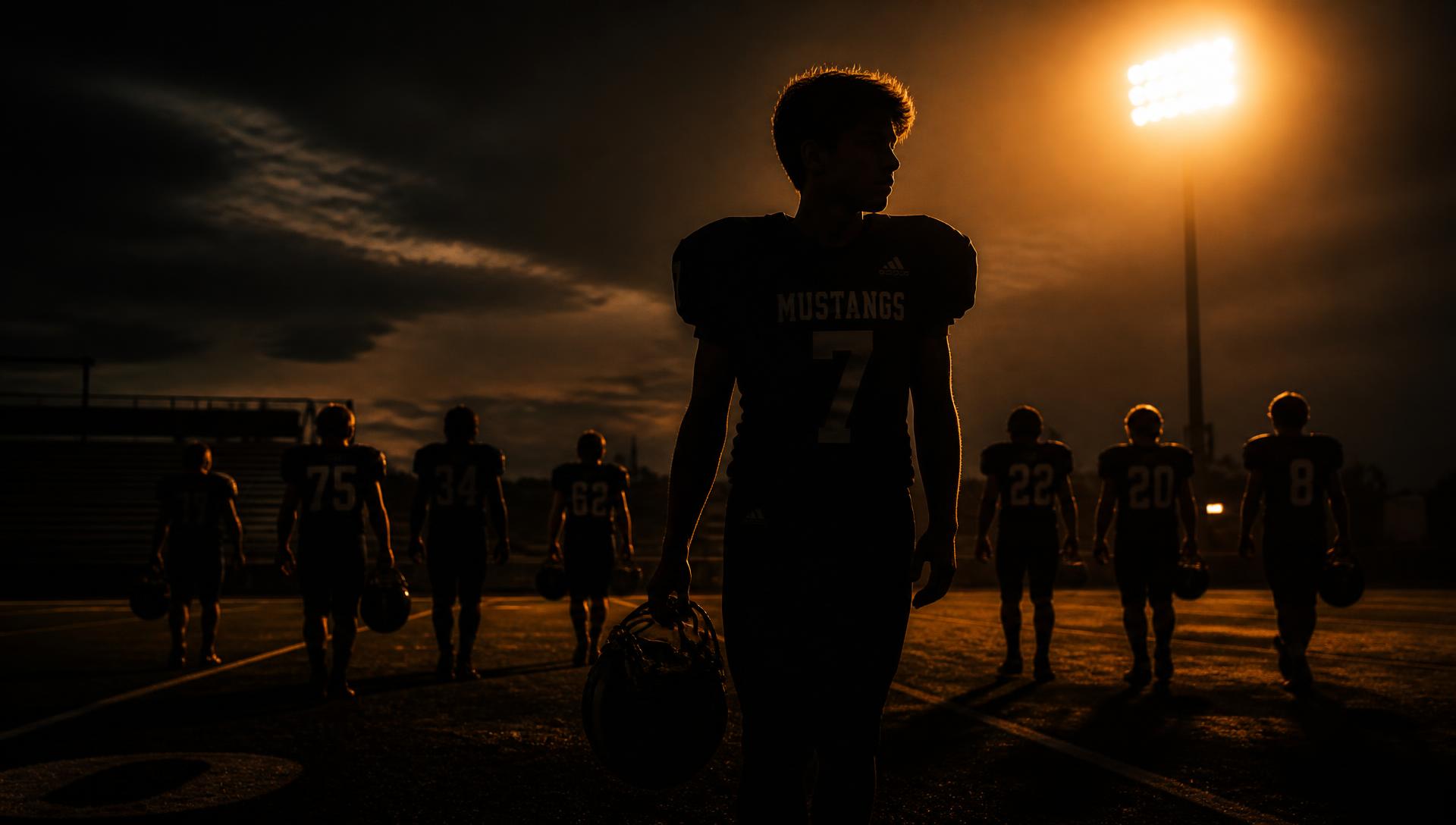 Middle school athletes walking off the field under stadium lights